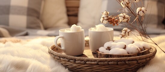 Fototapeta na wymiar Serene Atmosphere: Cozy Setting with Two White Candles and Plush White Fur Rug