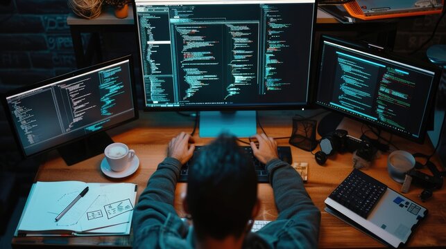 A focused software developer codes on a dual monitor setup in a modern office environment with a minimalist aesthetic. AIG41