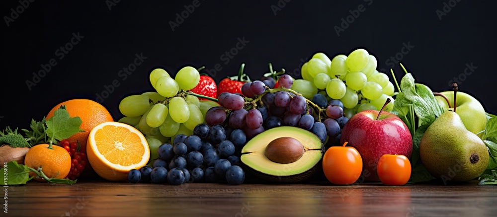 Poster a colorful variety of fresh ripe fruits arranged in a tantalizing display