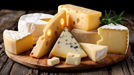 a variety of cheeses on a wooden plate with a sprig of rosemary on top of the cheese.