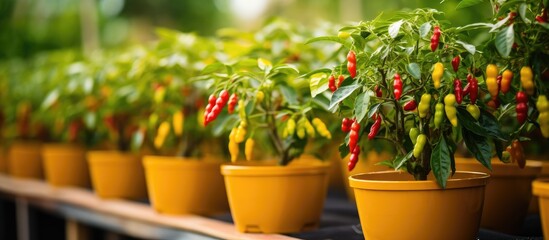 Fototapeta na wymiar Vibrant Peppers Thriving in Colorful Pots - Urban Gardening Concept