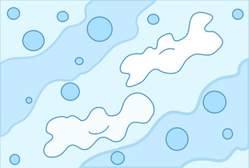 Surreal soothing vector drawing with smiling clouds, waves and bubbles in soft pastel.blue colors. 