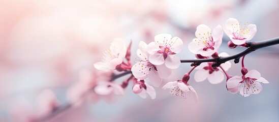 Fototapeta premium Delicate Pink Cherry Blossom Branch in Full Bloom with Soft Petals and Fresh Spring Flowers