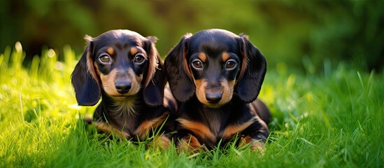 Obraz premium Two Adorable Pups Relaxing in a Green Field under the Warm Sunlight