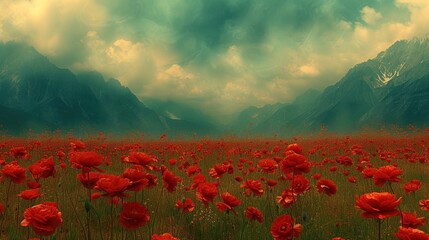 Obraz premium a field of red flowers in front of a mountain range with a sky filled with clouds and mountains in the background.