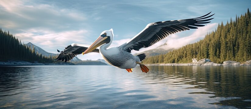 Graceful Pekin Duck Glides Above Tranquil Lake Surrounded by Lush Trees
