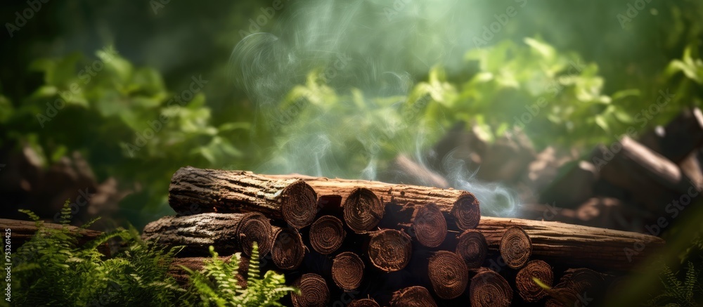 Poster a pile of raw timber logs ready for processing in a lumberyard
