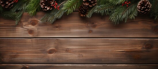 Rustic Pine Branches with Cones and Pinecones on a Natural Wooden Background