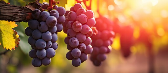 Plump Bunch of Fresh Grapes Hanging from Lush Green Vineyard in Golden Sunlight