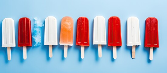 Colorful Ice Popsicles Arranged on Vibrant Blue Background for Summer Treat Concept