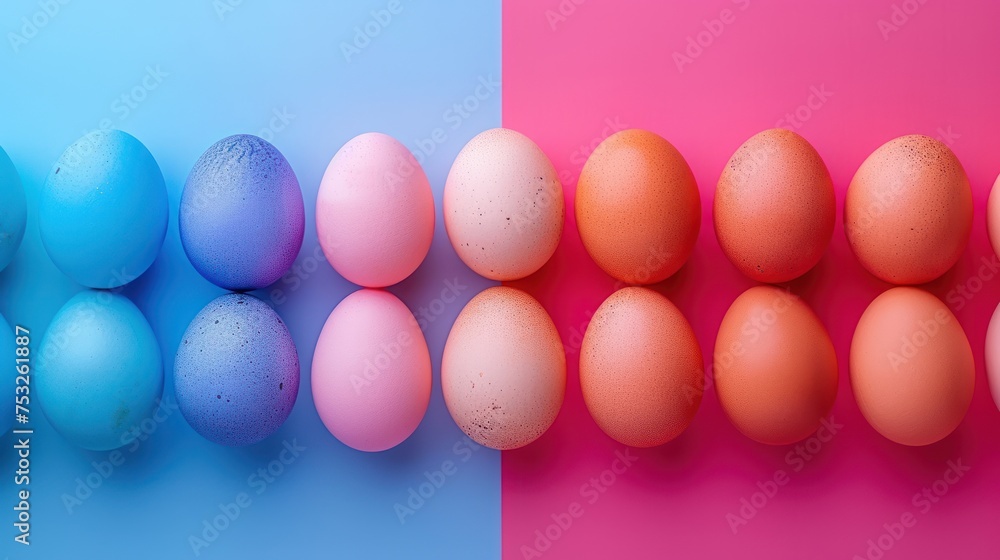 Poster a row of eggs sitting next to each other on top of a blue and pink background with one egg in the mi