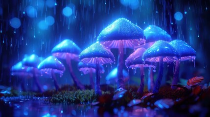 a group of blue mushrooms sitting on top of a lush green field next to a forest filled with green leaves.