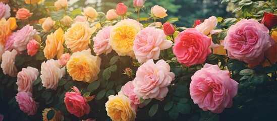 Vibrant Bouquet of Pink and Yellow Roses Blooming in a Radiant Summer Garden