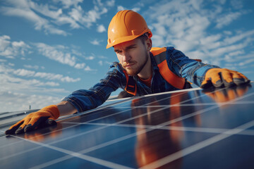 Trabajador sobre tejado montando paneles solares,  vistiendo equipo de seguridad, sobre fondo de cielo azul con nubes blancas