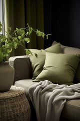 Closeup of comfortable sofa with light green pillows and plants in the living room.