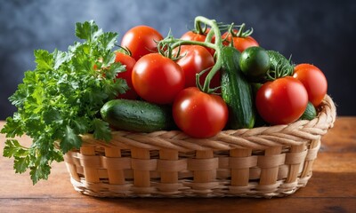 Cucumbers, tomatoes and parsley in a basket on a wooden table