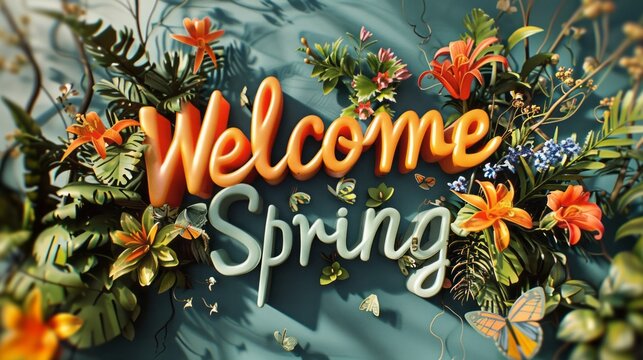 A visually rich 3D rendered image featuring the words Welcome Spring amidst a vivid arrangement of spring flowers and leaves. Hello spring concept.