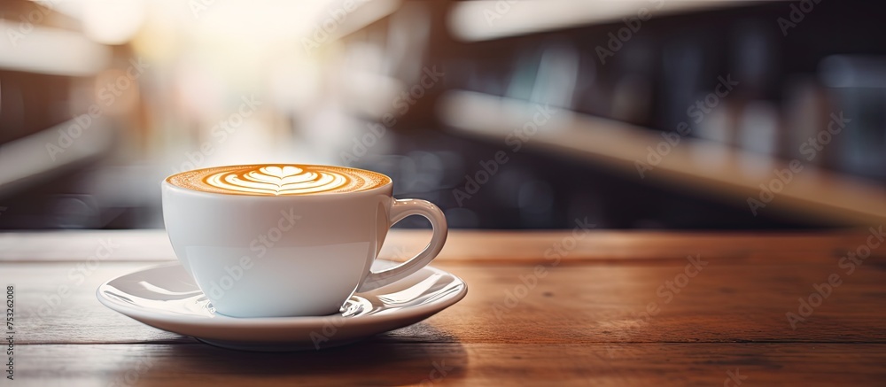 Poster steaming cup of coffee resting on a rustic wooden surface in a cozy indoor setting
