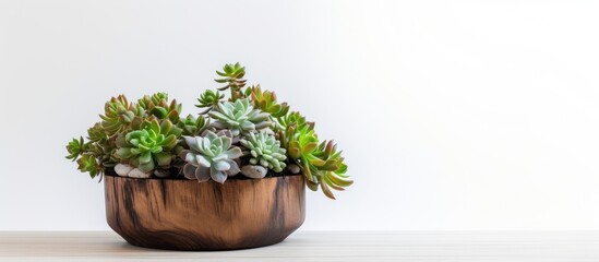 Succulent plant in metal pot on white backdrop with wooden surface