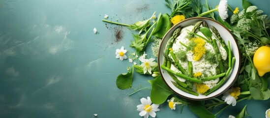 Delicious Gourmet Meal Presentation with Vibrant Lemon and Fresh Floral Accents - obrazy, fototapety, plakaty