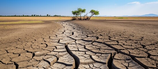 Dry Earthscape: Arid Ground Cracked Under Hot Sun, Drought Climate Conceptual Illustration - obrazy, fototapety, plakaty