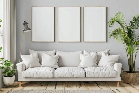 A living room with a white couch and three white framed pictures on the wall.