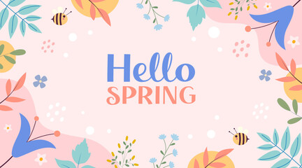 Fototapeta na wymiar Hello spring background, poster, banner with floral elements. Colorful and modern vector illustration with spring flowers and branches.