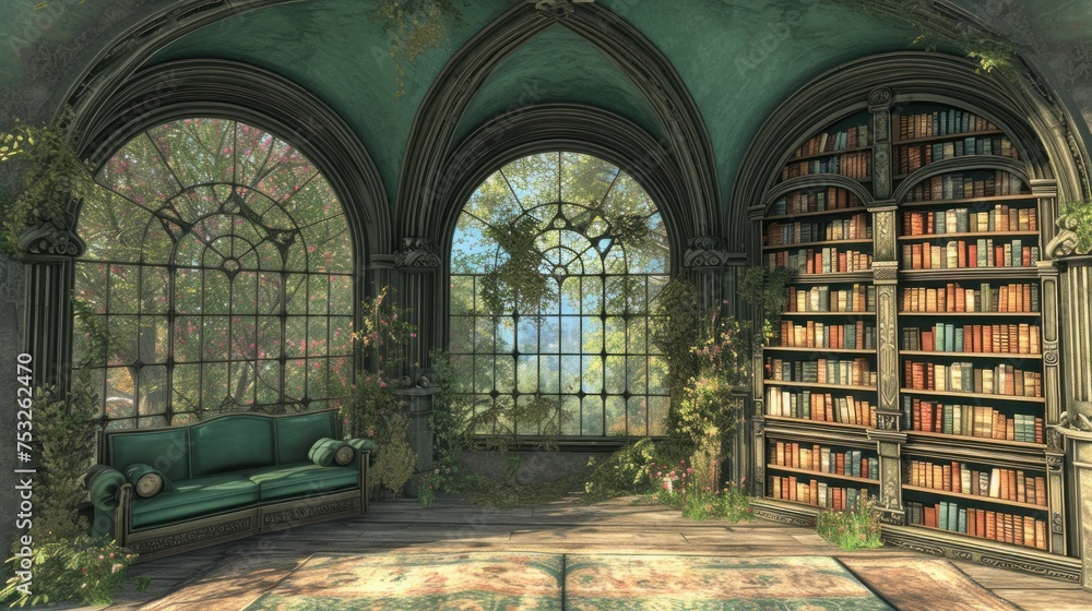 Poster a room with a couch, bookshelf, and a rug in front of a window with a view of a forest.