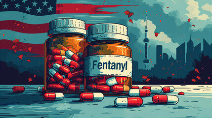 Opioid Crisis Depiction, USA Urban Backdrop with Fentanyl Pills - obrazy, fototapety, plakaty
