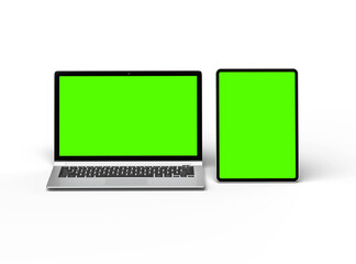 3d render of laptop and tablet with green screen on a transparent background