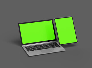 3d render of laptop and tablet with green screen on a dark background