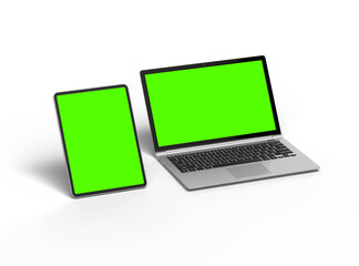 3d render of laptop and tablet with green screen on a transparent background