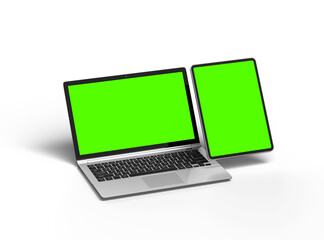 3d render of laptop and tablet with green screen on a transparent background