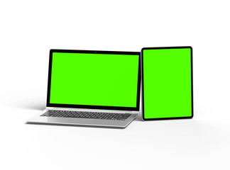 3d render of laptop and tablet with green screen on a light background