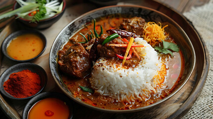 rendang curry served with aromatic rice and crispy kerupuk - obrazy, fototapety, plakaty
