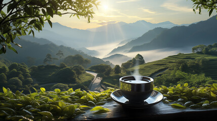 A cup of steaming tea  on the background of  tea plantation and mountains under the sunrays - obrazy, fototapety, plakaty
