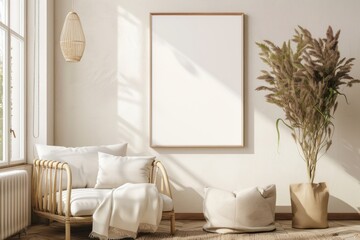 A white room with a white framed picture on the wall and a white couch with pillows. The room has a simple and clean design.