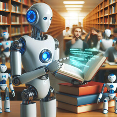 Fototapeta premium android artificial intelligence reading many books isolated on blurred library background
