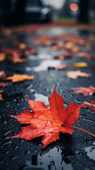 autumn leaves on the asphalt in the rain, Wallpapers for phone сreated with Generative Ai