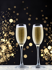 flutes with champagne or fizzy white wine on black background with blurred sparkles in the back