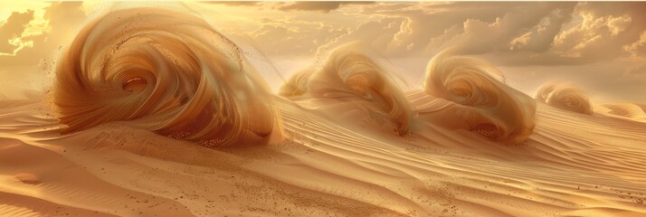 Wave send dune. Captivating digital art of swirling sand dunes in a desert, bathed in golden light—ideal for thematic wall art or background.