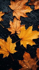 Fototapeta premium autumn leaves on the asphalt in the rain, Wallpapers for phone сreated with Generative Ai