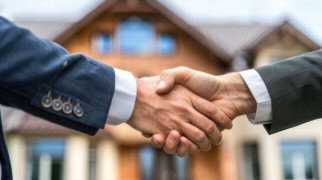 Residential House Businessman and Banker Shake Hands with Customer: Successful Agreement and House Contract Signing, Real Estate Concept