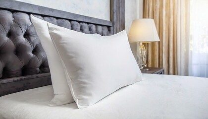 White pillow case mockup template. Blank soft pillow on the bed in bedroom 
