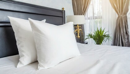 White pillow case mockup template. Blank soft pillow on the bed in bedroom 
