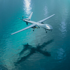 Advanced Unmanned Aerial Vehicle (UAV) Soaring Over a Calm Blue Sea