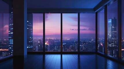 An empty room in a skyscraper and a view of the night city. Beautiful expensive property with a view.