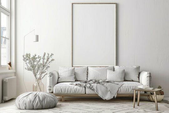 A white living room with a large white framed picture on the wall. The couch is covered in white pillows and a blanket. The room has a clean and minimalist feel