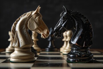 Two chess knights face each other in a tense moment on the chessboard - obrazy, fototapety, plakaty