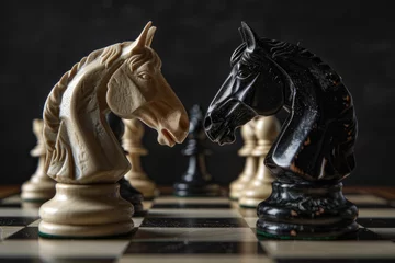 Foto op Plexiglas Two chess knights face each other in a tense moment on the chessboard © Lubos Chlubny
